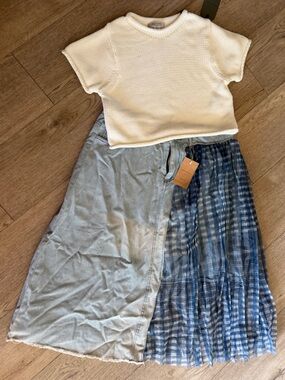 Asymmetrical Light Denim & Blue Plaid Panel Skirt